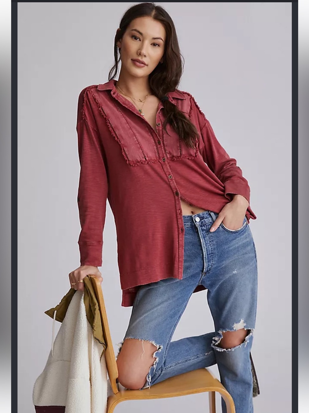 Pilcro Frayed Tunic Buttondown, Size M